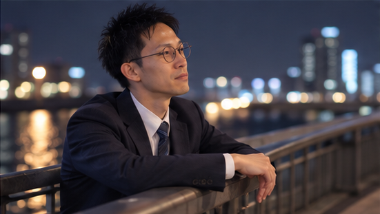 夜景を前に、一人で考えている男性