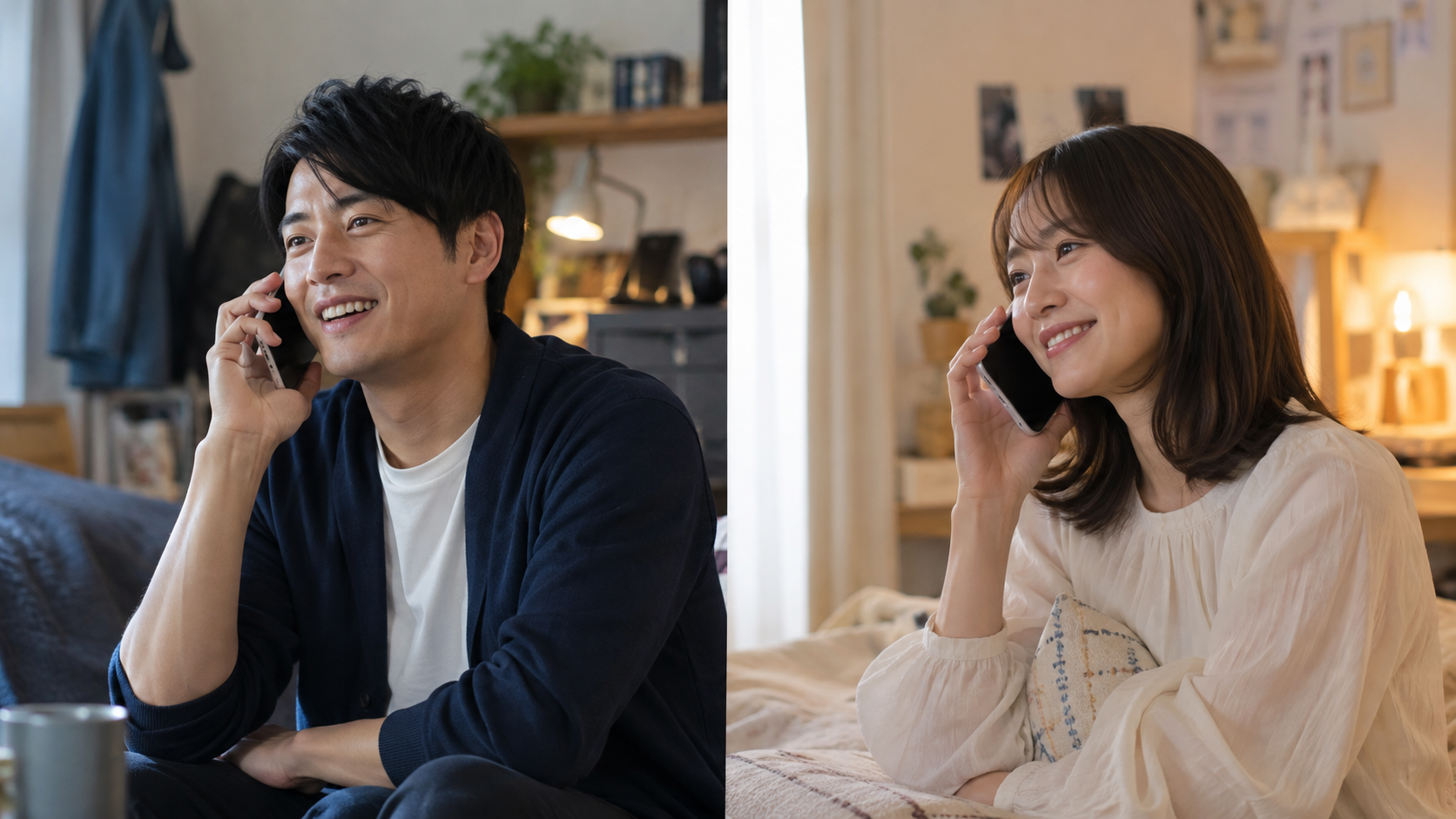 それぞれの部屋でリラックスしながら電話を楽しむ男女