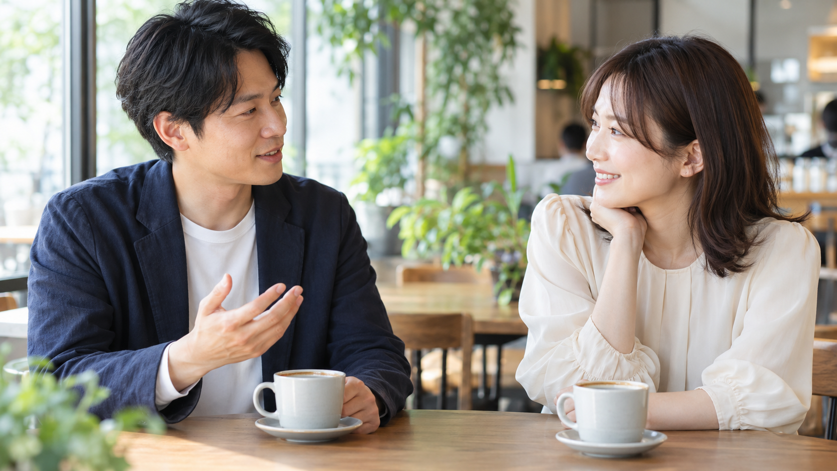 カフェで女性に笑顔で気持ちを伝える男性