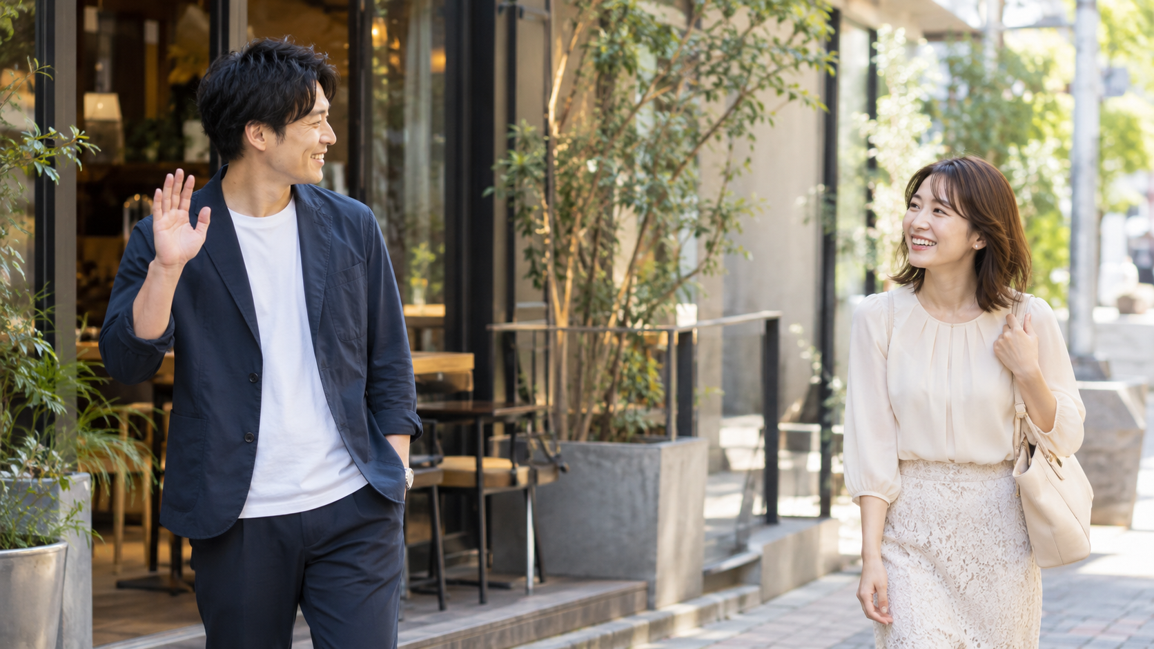 カフェの前で笑顔で手を振り女性を迎える男性