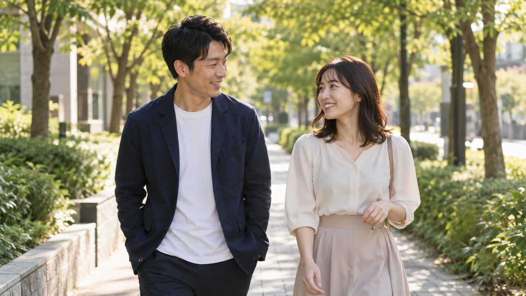 木漏れ日の並木道を笑顔で並んで歩く男女